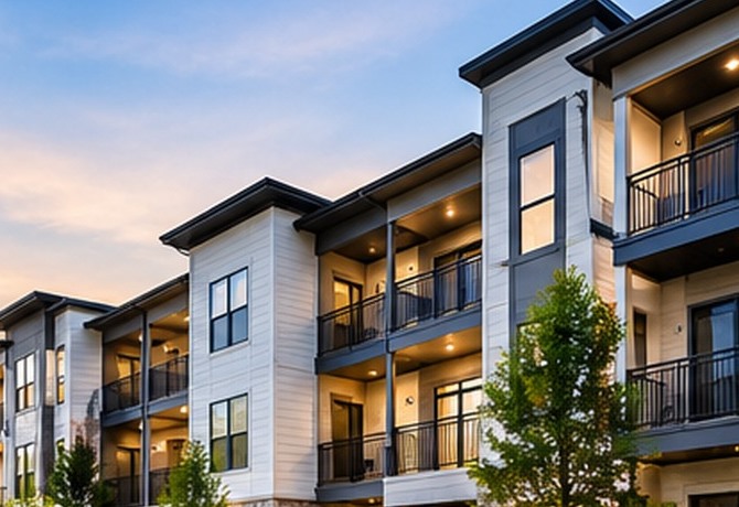 Garden-style multi-family apartment community courtyard